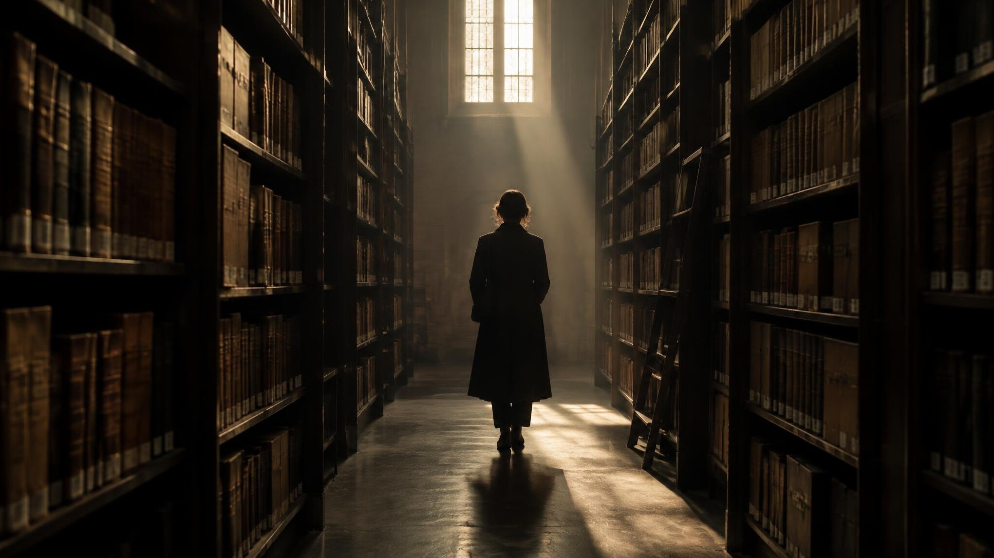 Silhouette of a person walking through a library archive